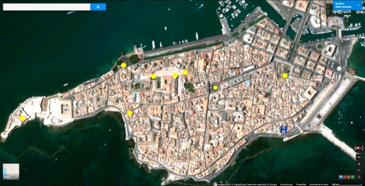 Vista aérea de la isla de Ortigia (Siracusa), con algunos puntos de interés.